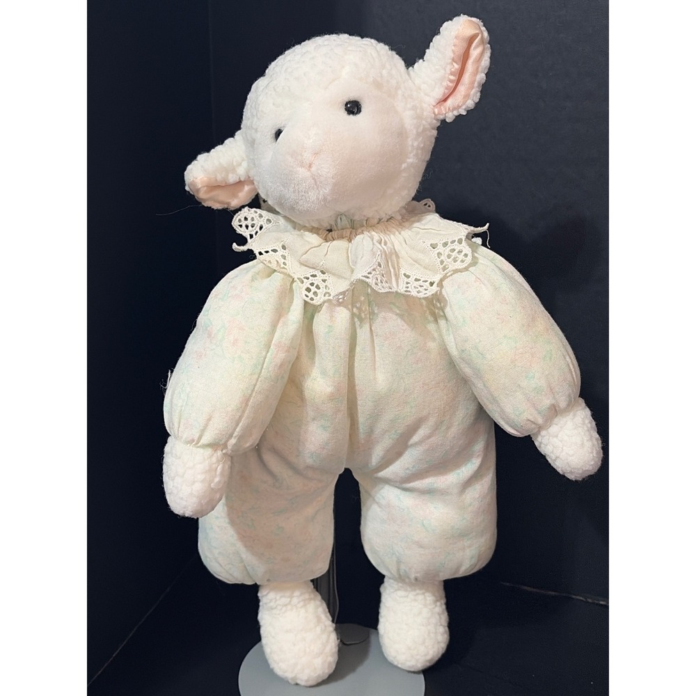 VTG Eden Floppy Lamb Plush White Floral Romper Lace Collar 80s/90s Lovey